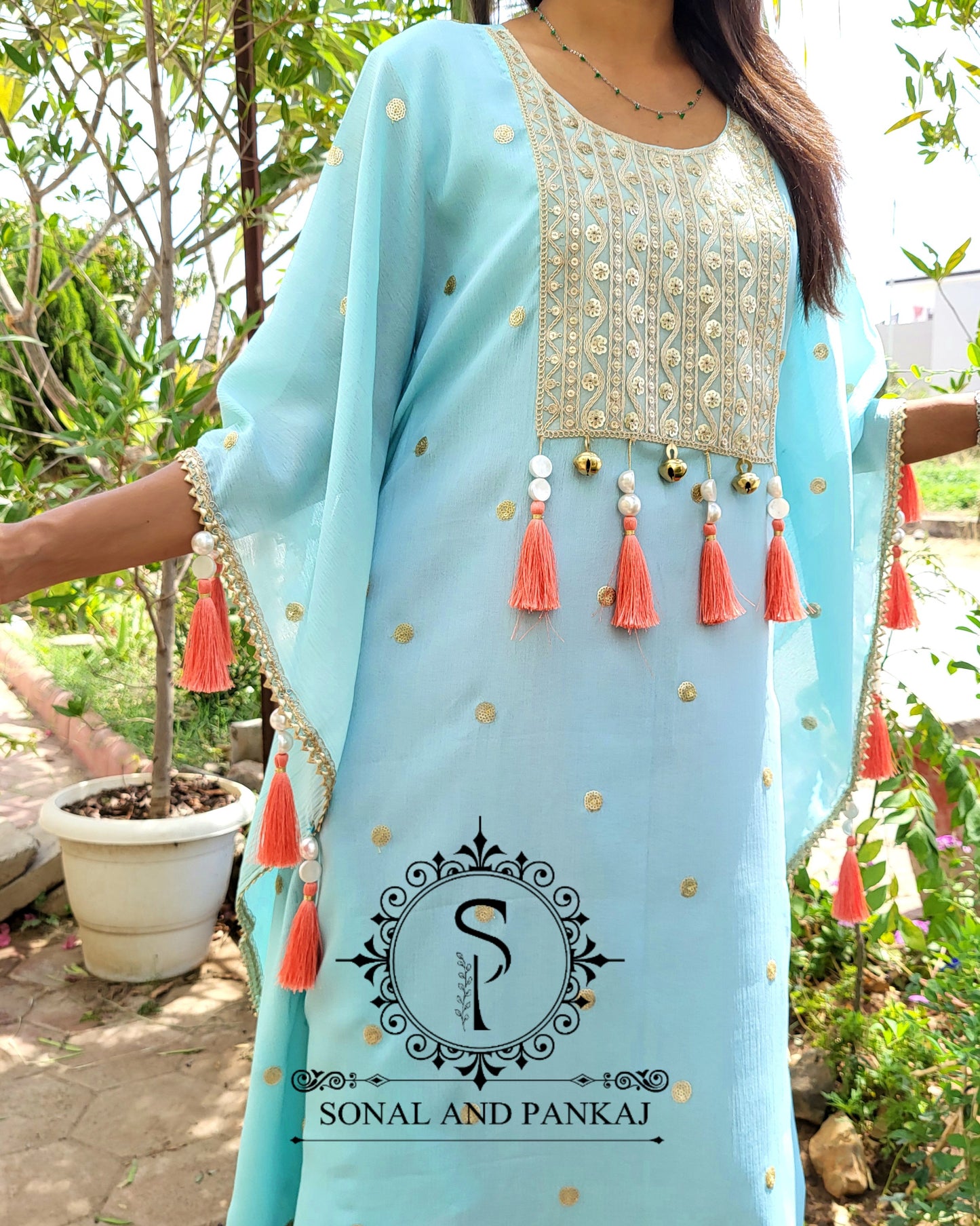 Sky Blue & Coral Kaftan Coord Set - RW01468
