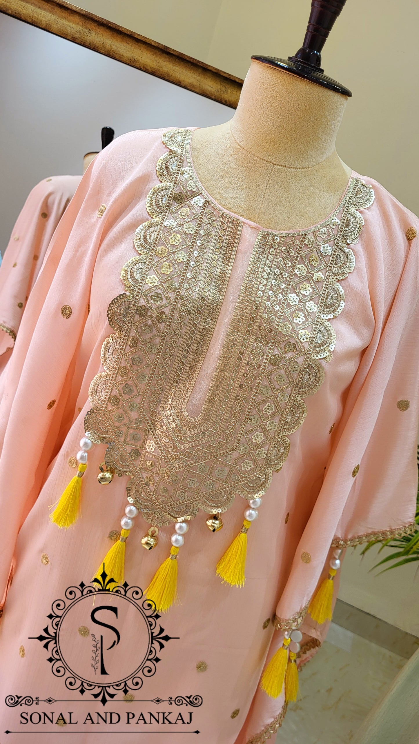 Peach & Pastel Green Kaftan Coord Set - RW01467