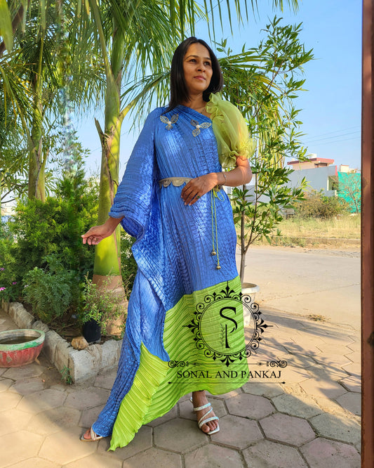 Blue & Parrot Green Crushed Resort Wear Kaftan - RW01495