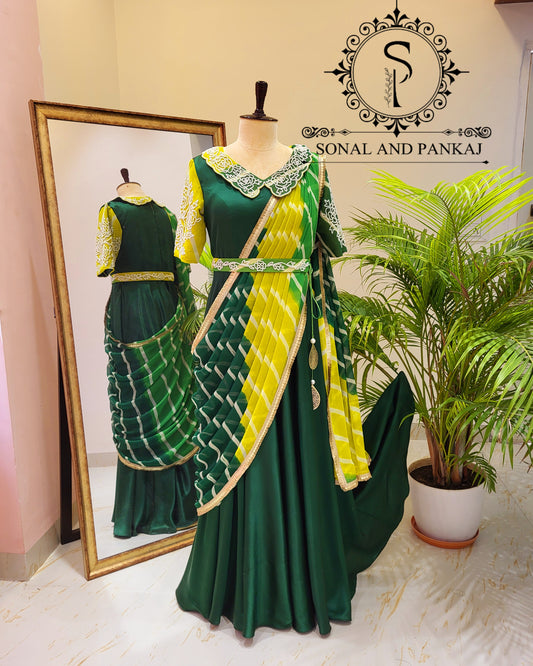 Bottle Green & Yellow Hand Embroidered Ready To Wear Gown Saree - SA01499