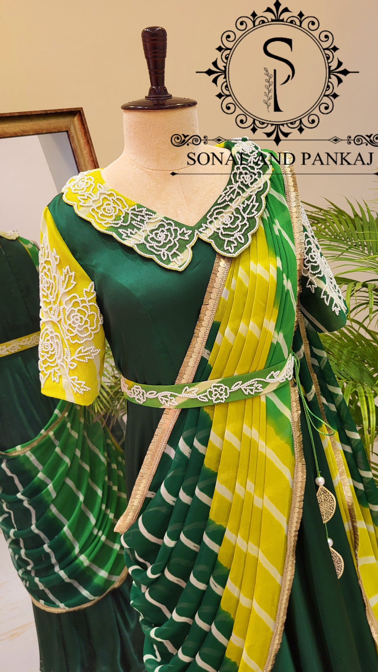 Bottle Green & Yellow Hand Embroidered Ready To Wear Gown Saree - SA01499