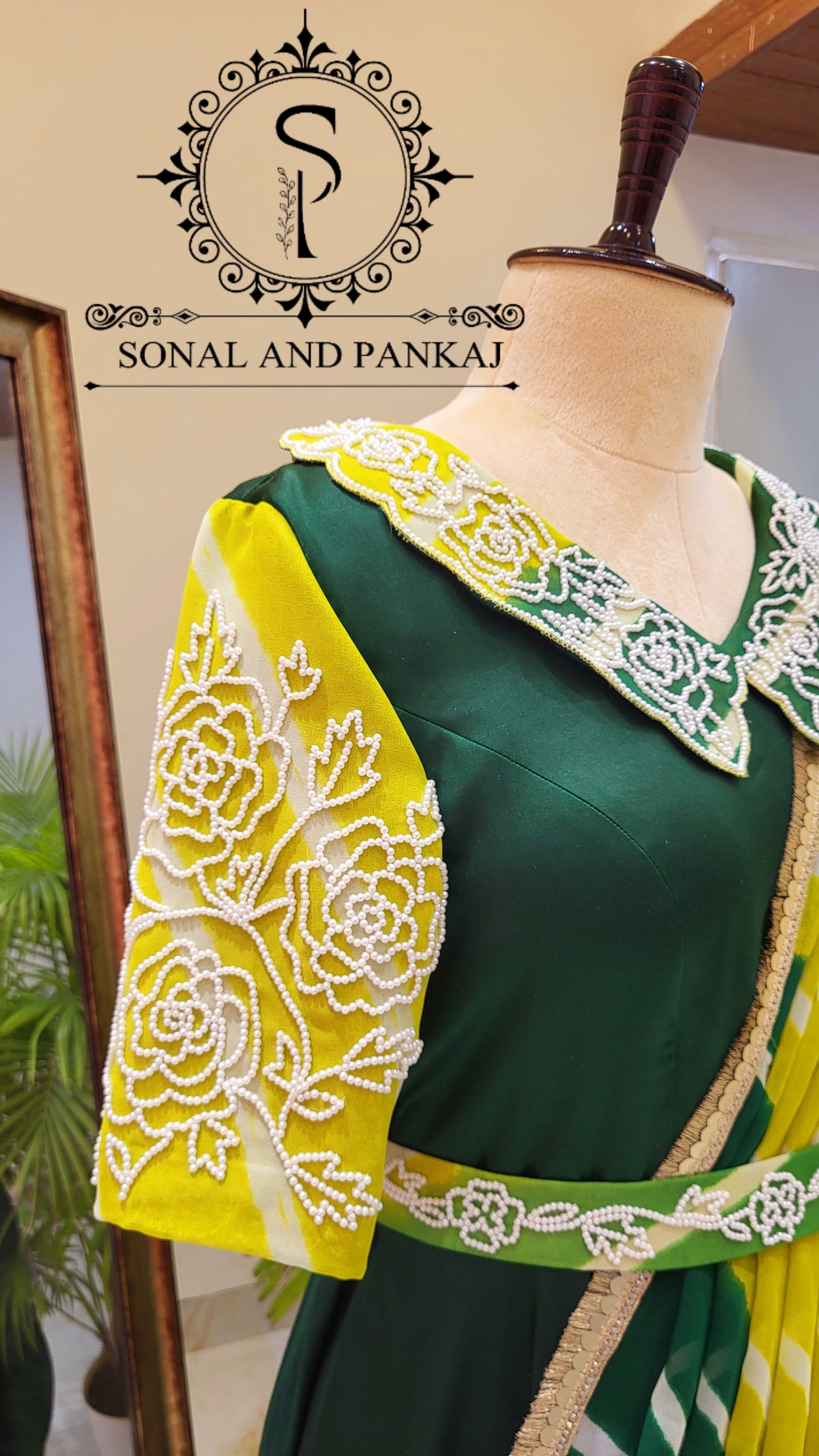 Bottle Green & Yellow Hand Embroidered Ready To Wear Gown Saree - SA01499