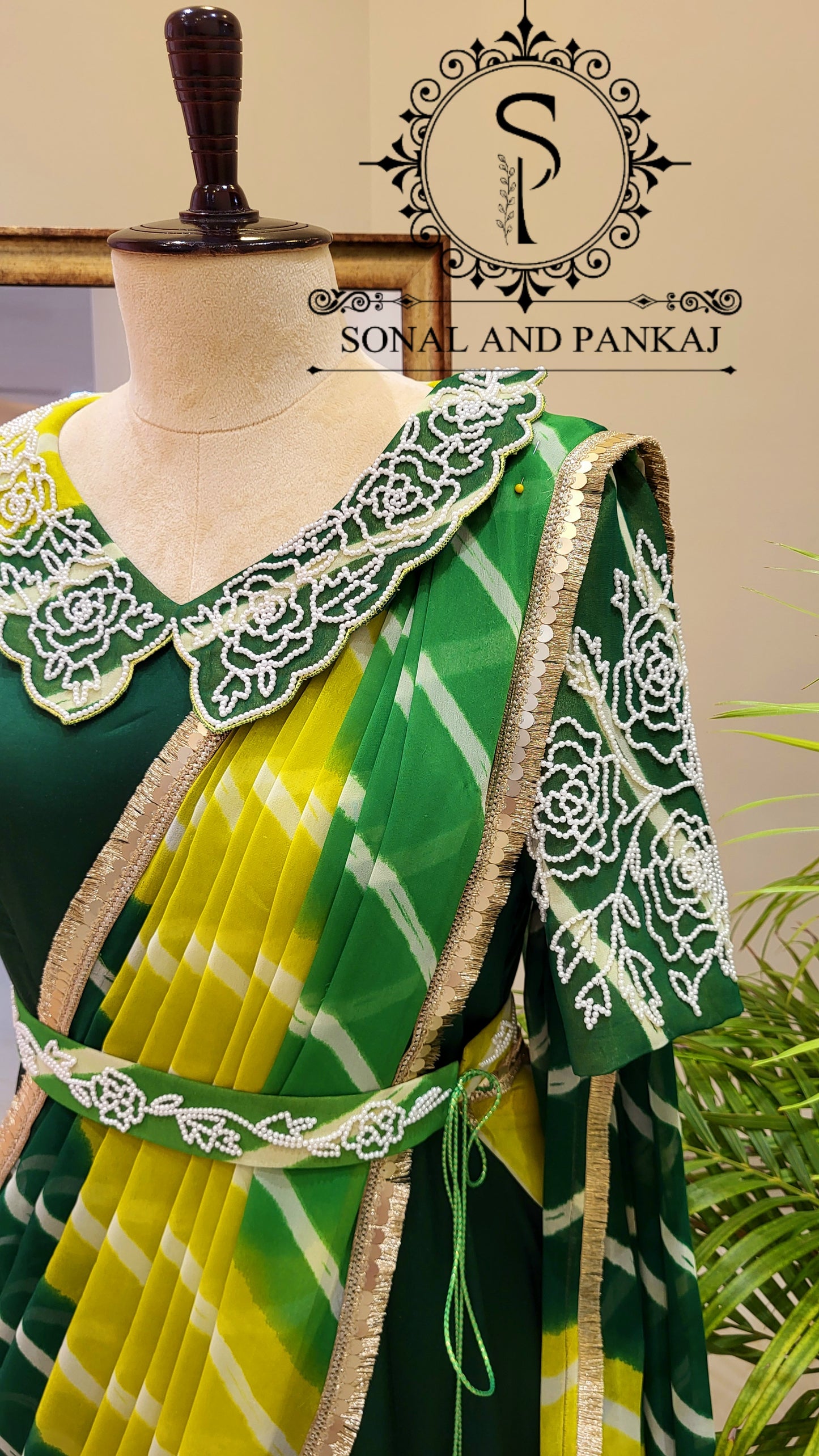 Bottle Green & Yellow Hand Embroidered Ready To Wear Gown Saree - SA01499