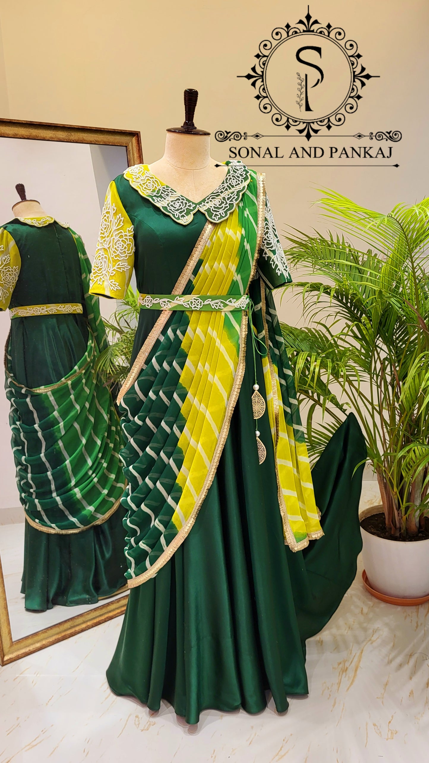 Bottle Green & Yellow Hand Embroidered Ready To Wear Gown Saree - SA01499
