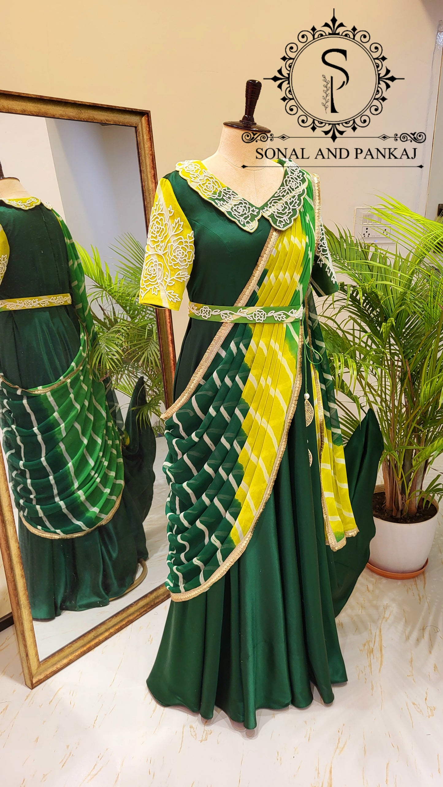 Bottle Green & Yellow Hand Embroidered Ready To Wear Gown Saree - SA01499