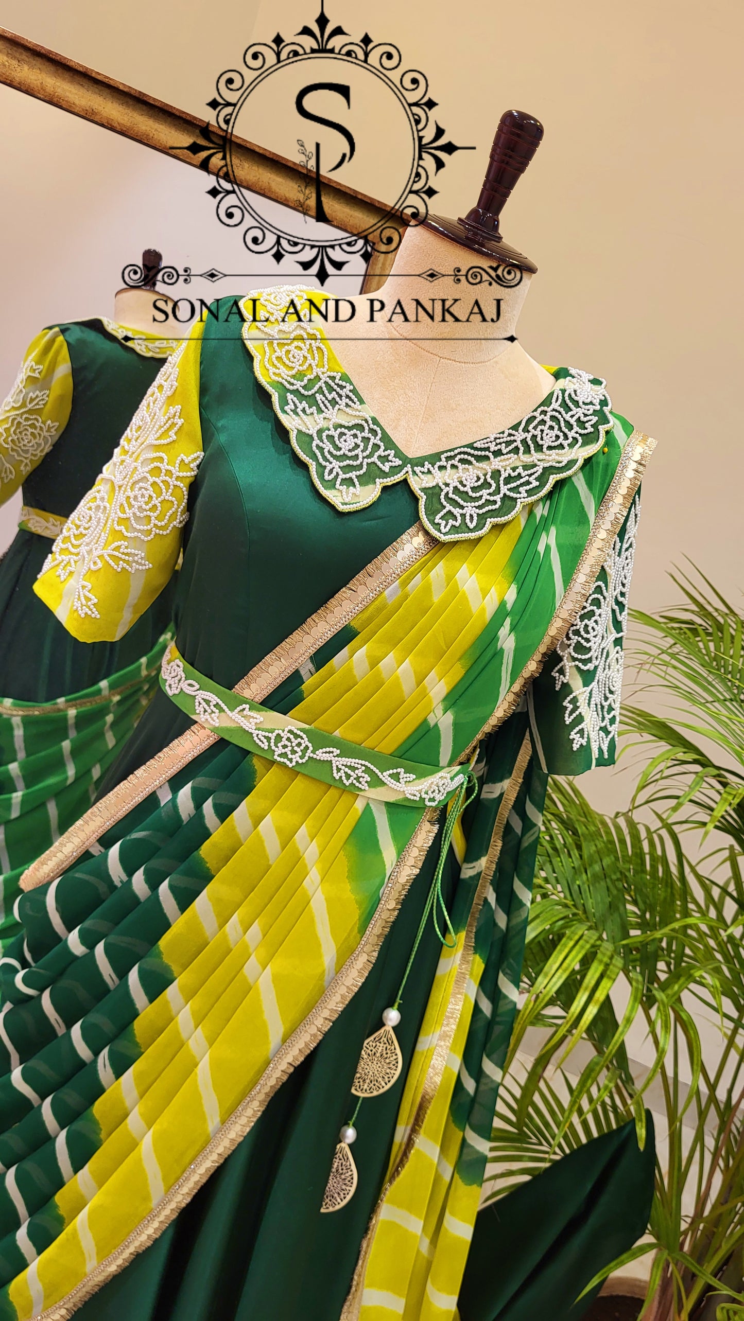 Bottle Green & Yellow Hand Embroidered Ready To Wear Gown Saree - SA01499