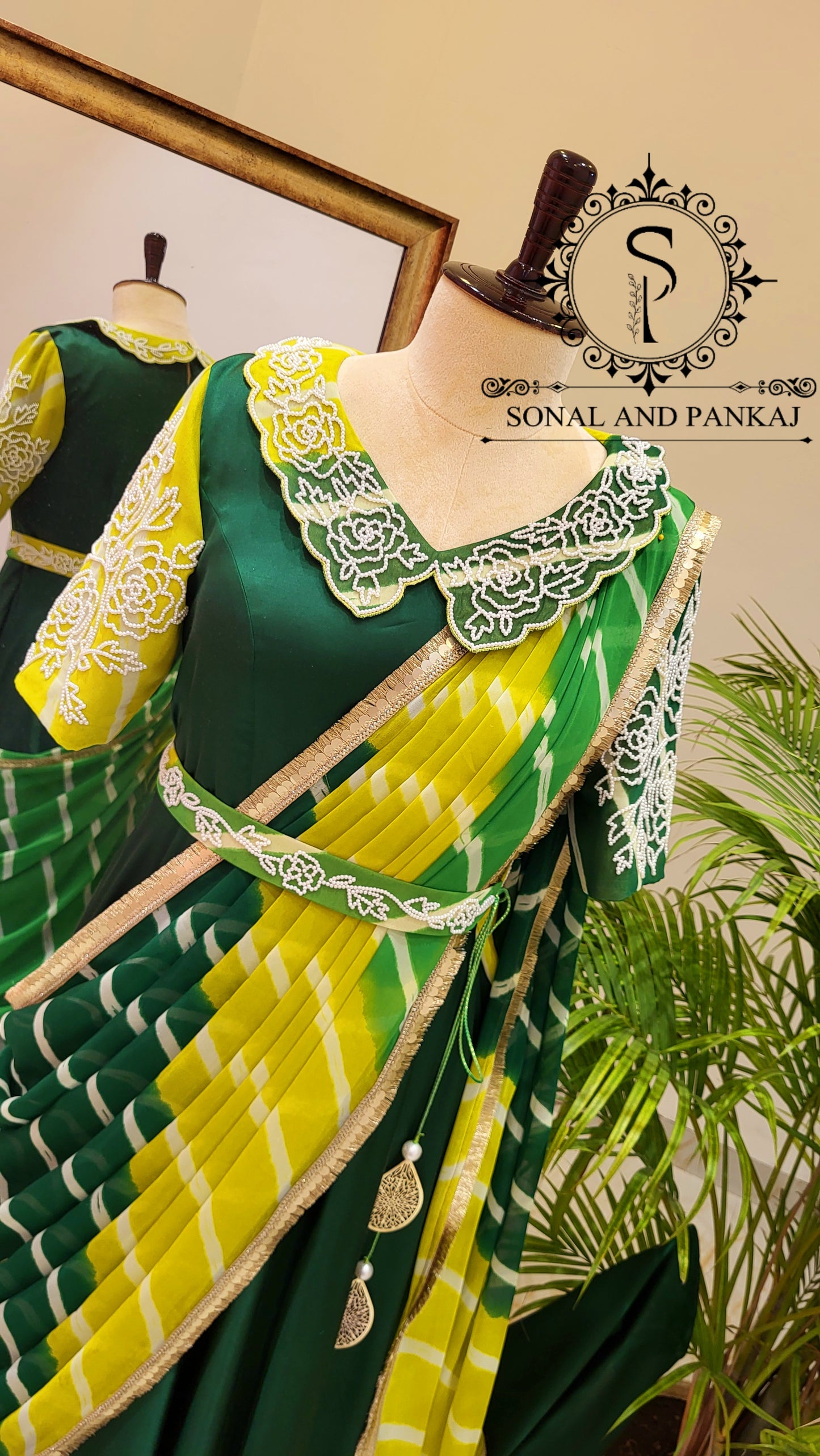 Bottle Green & Yellow Hand Embroidered Ready To Wear Gown Saree - SA01499