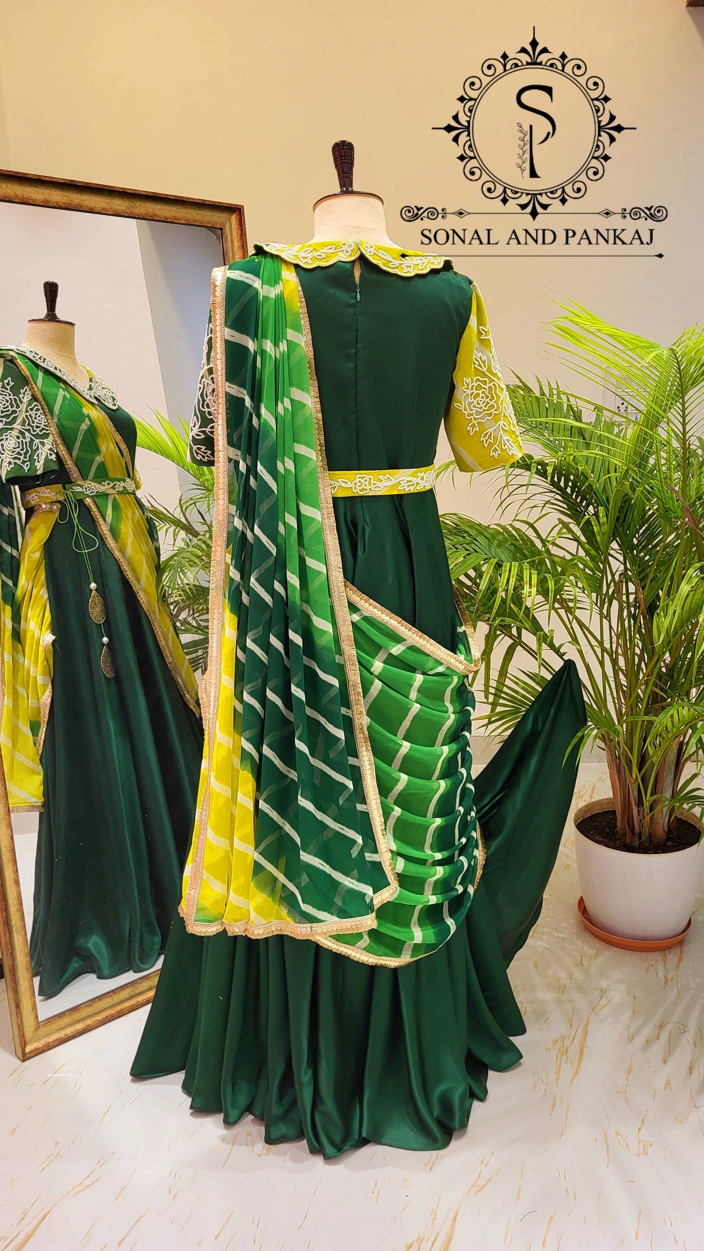Bottle Green & Yellow Hand Embroidered Ready To Wear Gown Saree - SA01499