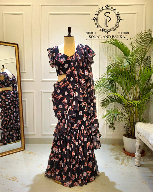 Designer Black Blouse & Ready To Wear Ruffle Saree - SA01562