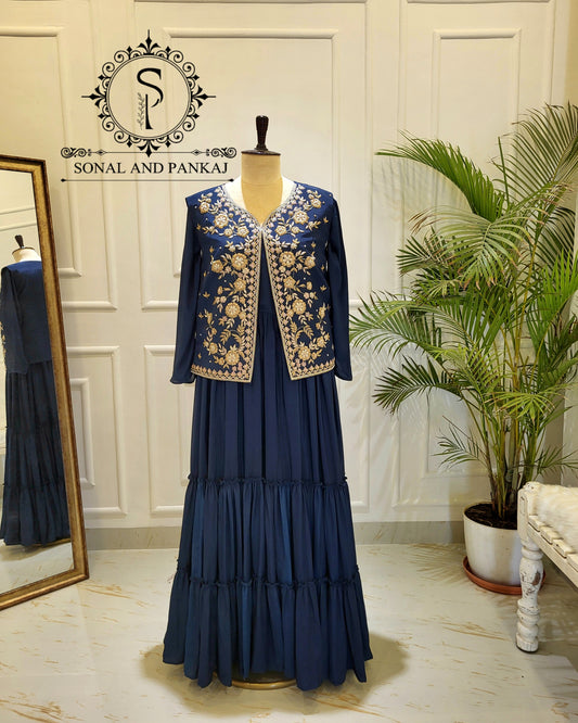 Zardozi Hand Embroidered Jacket & Layered Floor Length Gown - SA01571 (Midnight Blue)