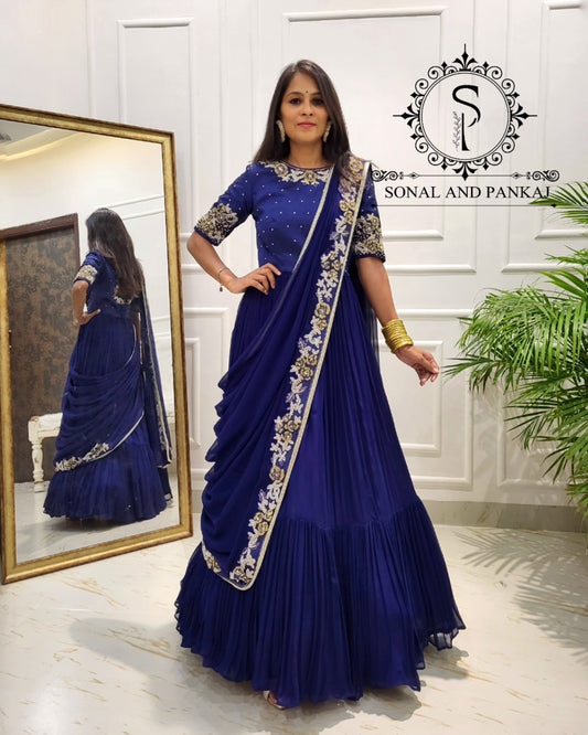 Navy Blue Hand Embroidered Ready To Wear Gown Saree - SA01513