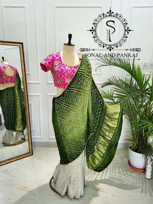 Hot Pink Embroidered Blouse & Olive Green Pre-Pleated Bandhani Palloo Saree - SA01503