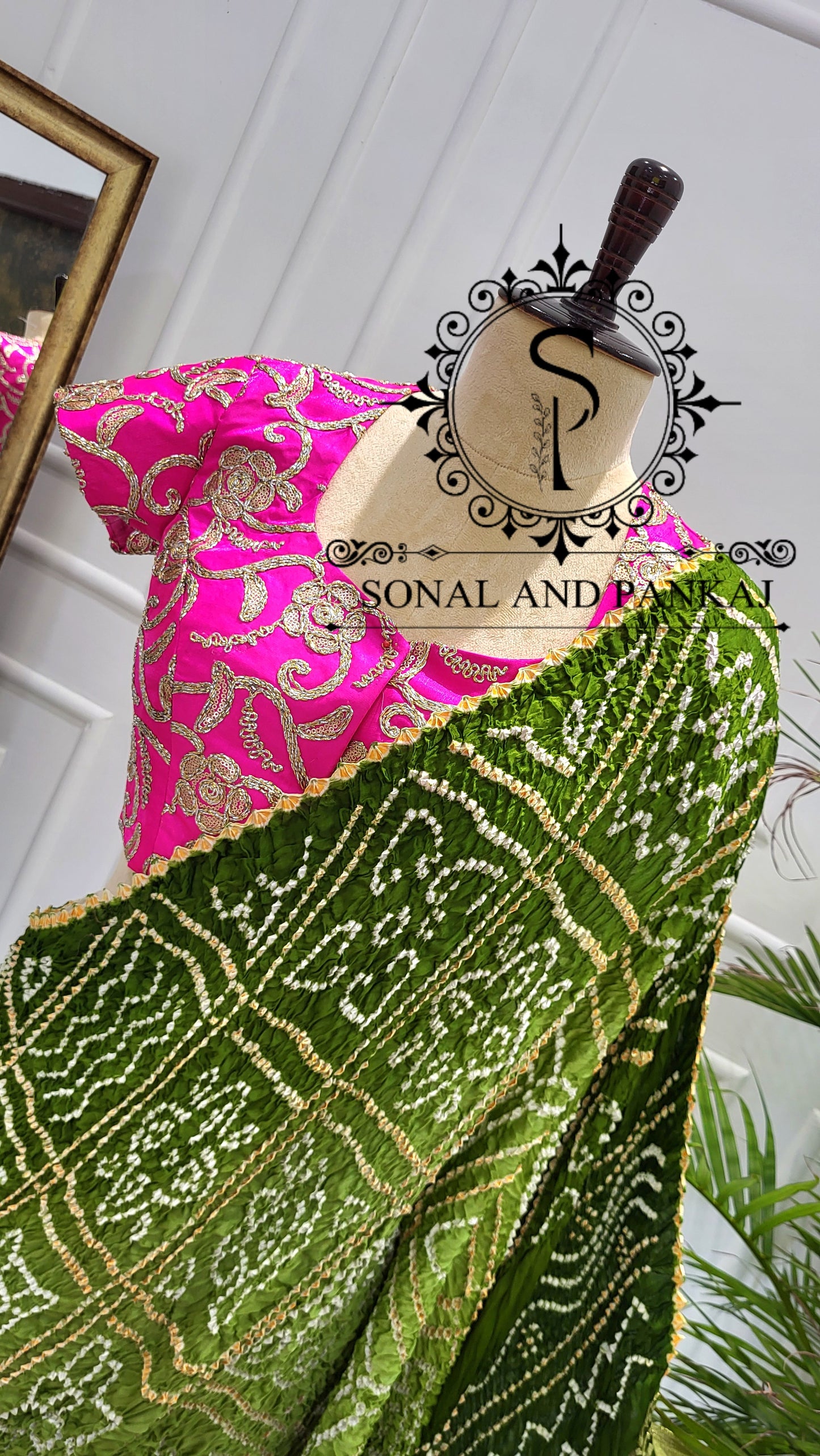 Hot Pink Embroidered Blouse & Olive Green Pre-Pleated Bandhani Palloo Saree - SA01503