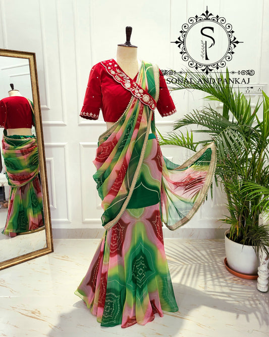 Zardozi Hand Embroidered Red Velvet Blouse With Ready To Wear Shaded Bandhani Print Saree - SA01507