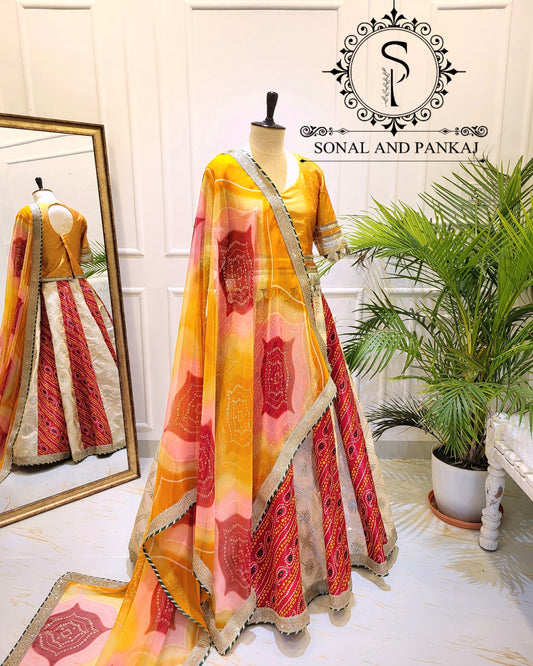 Designer Long Blouse With Beautiful Duppatta & Kalidaar Lehenga - LH01525 (Red & Cream)