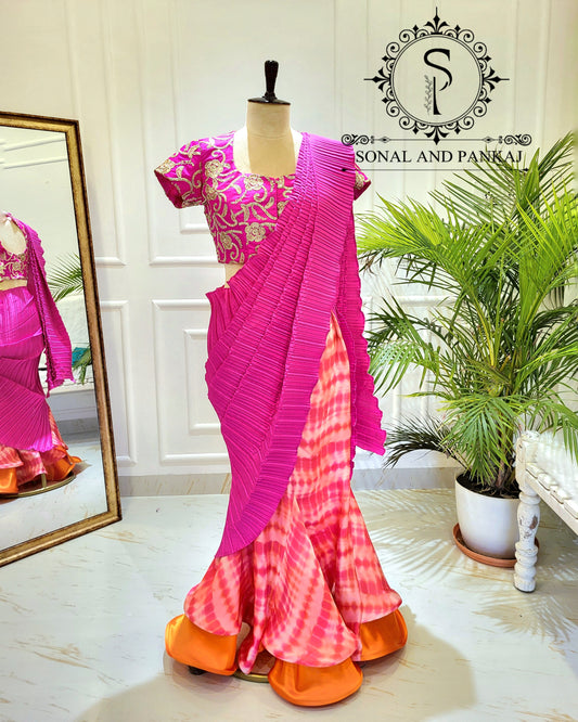 Hot Pink Embroidered Blouse With Pleated Palloo & Tie & Dye Ready To Drape Saree - SA01517