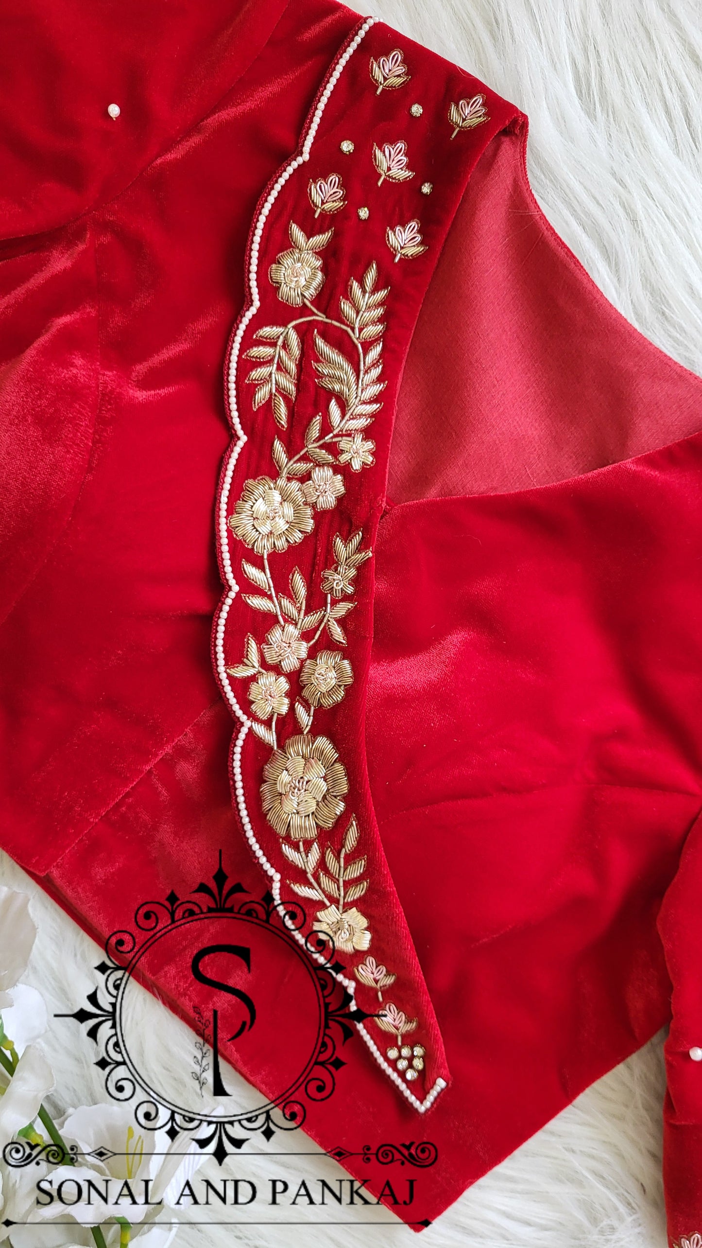 Red Velvet Zardozi Hand Embroidered Blouse On Sale - BL01511