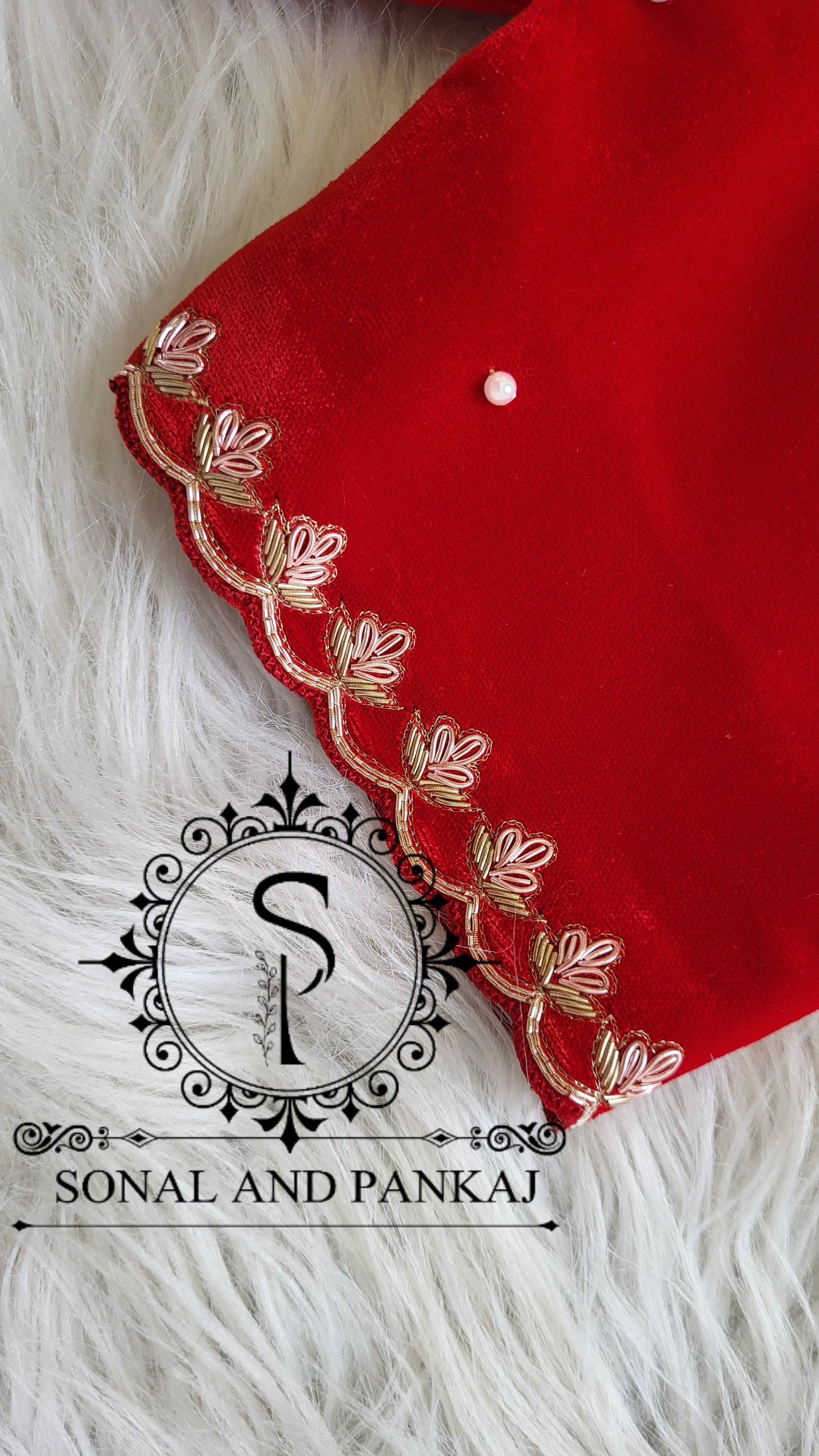 Red Velvet Zardozi Hand Embroidered Blouse On Sale - BL01511