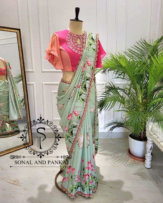 Pastel Green Pichwai Print Only Saree - SA01547 (Without Blouse)