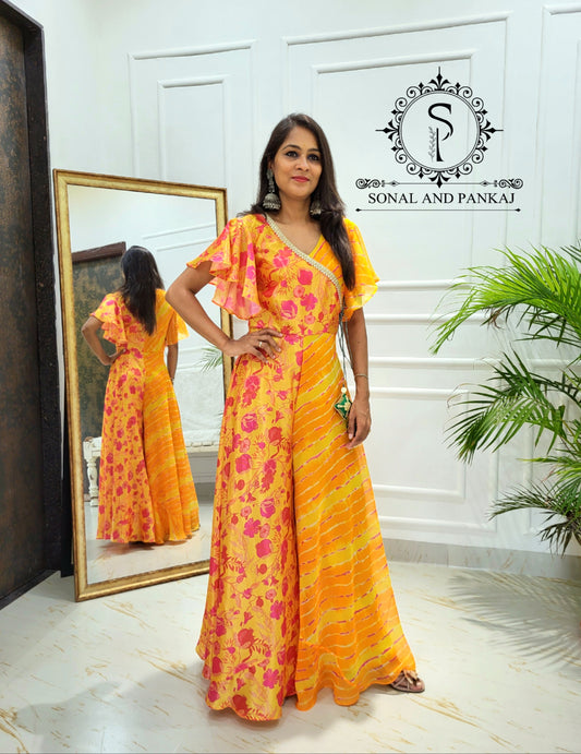 Designer Leheriya & Floral Print Jumpsuit - JS01521
