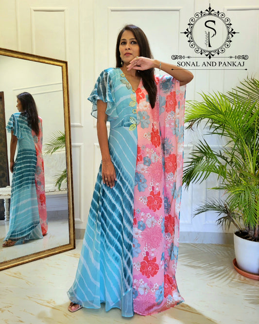 Designer Leheriya & Floral Semi Kaftan Jumpsuit - JS01532