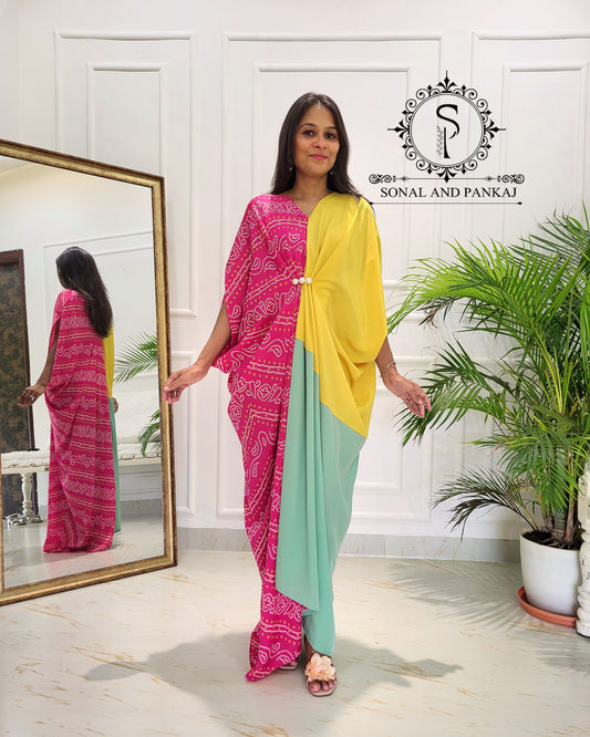 Designer Color Block Bandhani Kaftan - RW01509 (Pink & Yellow)