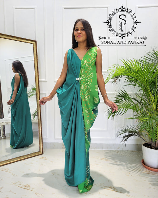 Designer Color Block Bandhani Kaftan - RW01508 (Green)