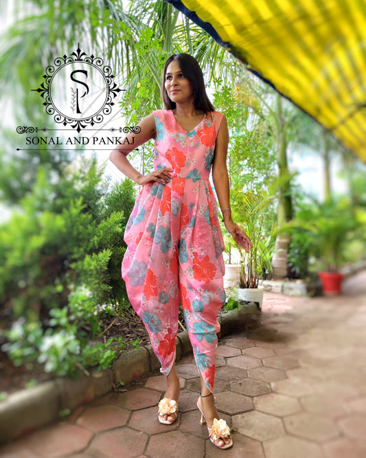 Designer Peach Floral Dhoti Jumpsuit - JS01530
