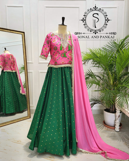 Designer Long Patola Blouse With Beautiful Duppatta & Bottle Green Lehenga - LH01527