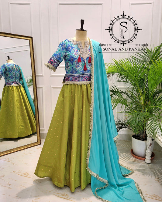 Designer Long Patola Blouse With Beautiful Duppatta & Olive Green Lehenga - LH01526