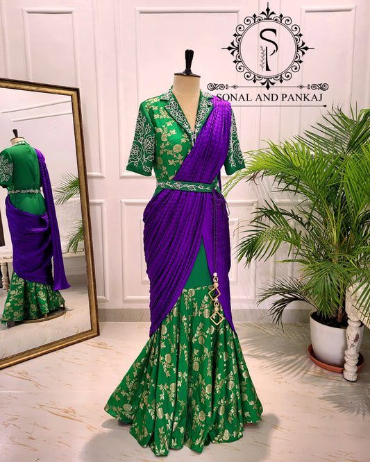 Green Hand Embroidered & Purple Pleated Palloo Ready To Wear Gown Saree - SA01529