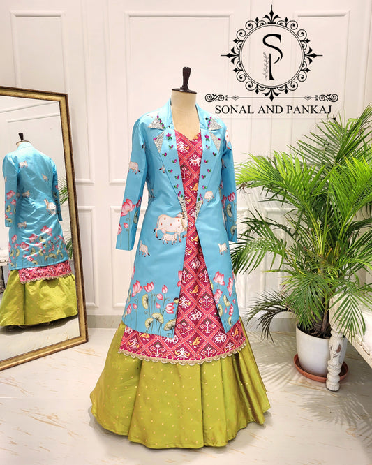Vibrant Blue Long Pichwai Print Jacket With Patola Kurti & Lehenga - LH01536