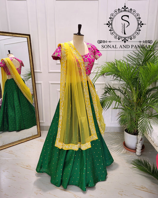 Designer Blouse With Beautiful Hand Embroidered Duppatta & Bottle Green Lehenga - LH01537