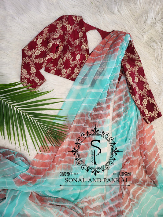 Designer Maroon Banarasi Blouse With Beautiful Leheriya Saree - SA01541