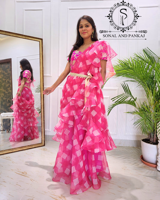 Fuchsia Pink Ruffled Ready To Wear Gown Saree - SA01516