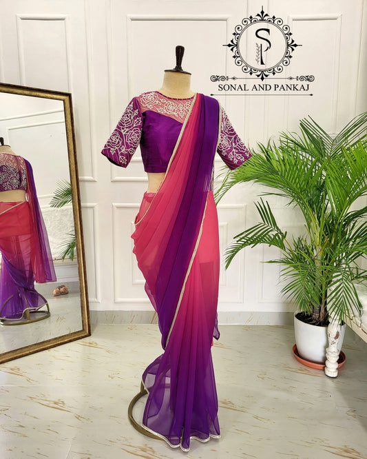 Purple Leheriya Pearl Hand Embroidered Blouse With Ombre Saree - SA01557