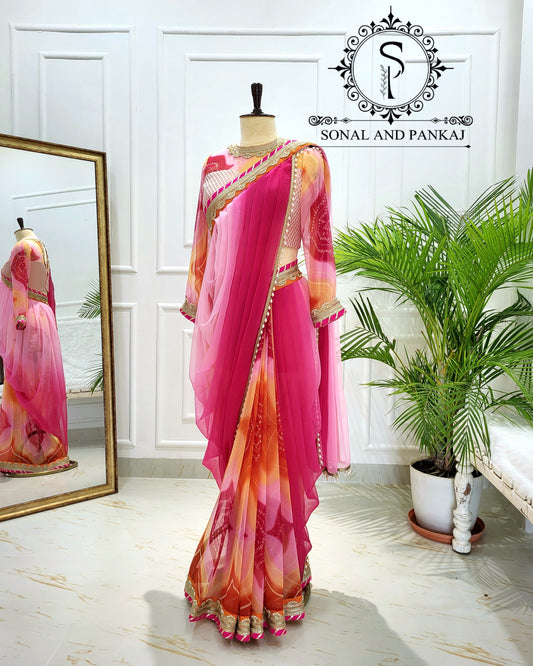 Beautiful Designer Blouse With Ombre & Bandhani Print Ready To Drape Cowl Saree - SA01561