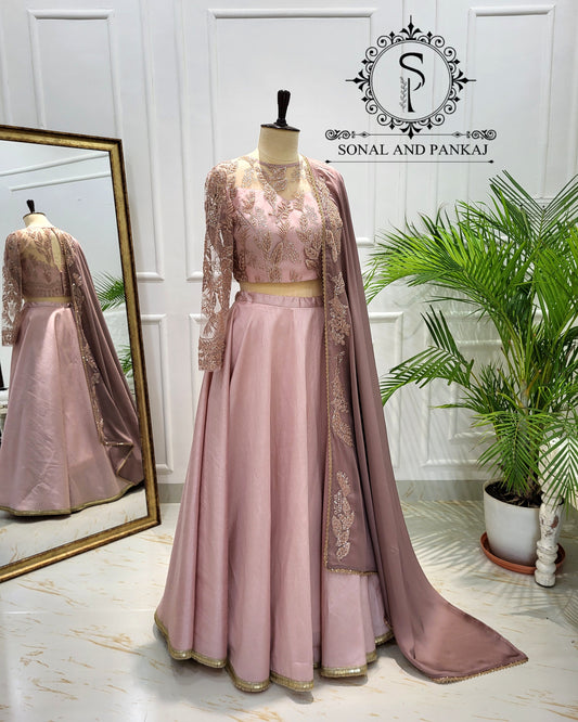 Dusty Mauve Duppatta With Dusty Blush Pink Embroidered Blouse & Lehenga - LH01565