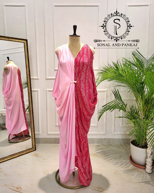 Designer Color Block Bandhani Kaftan - RW01564 (Pink)