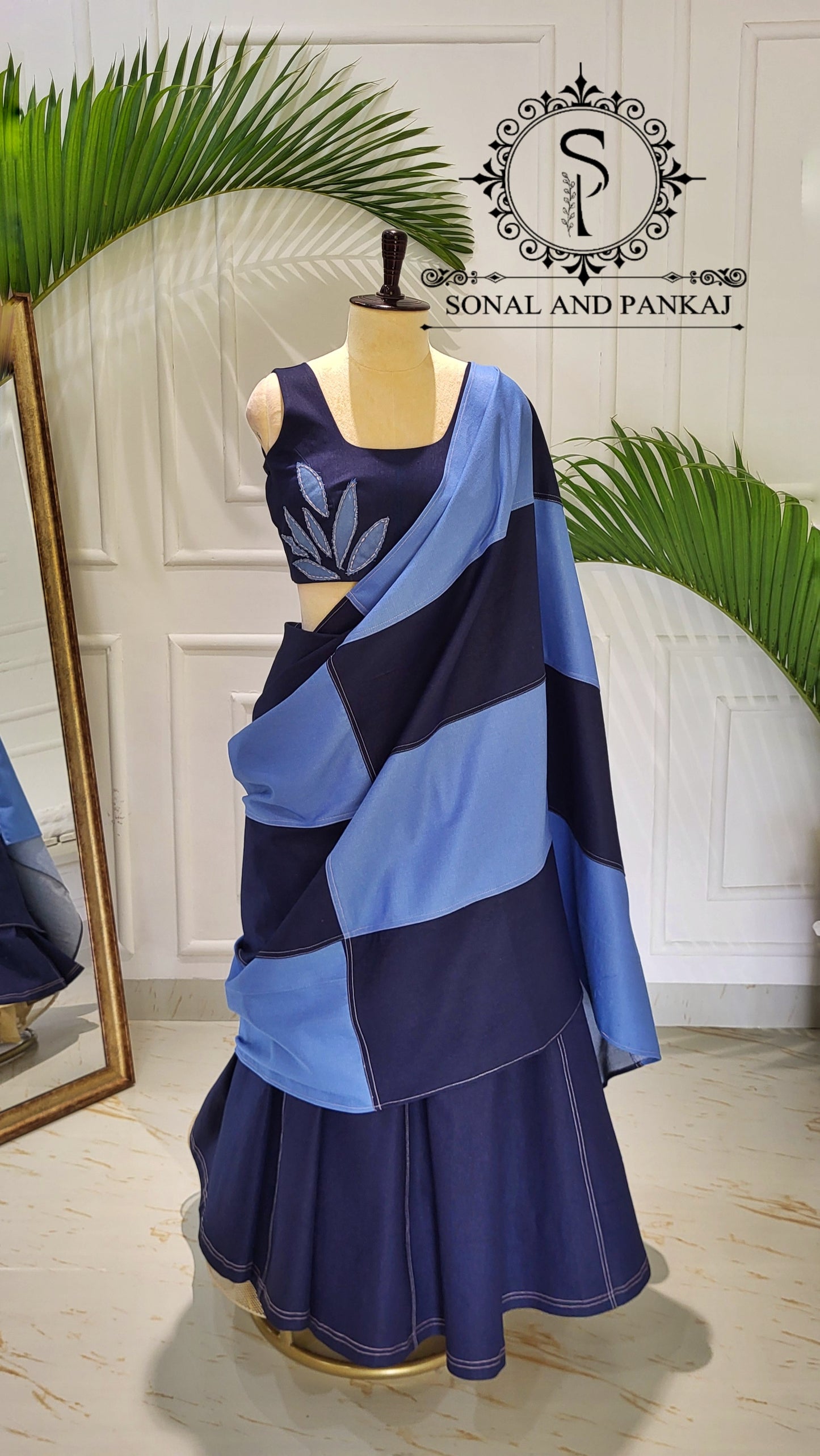 Blue Oasis Demin Patchwork Indowestern Lehenga - LH01595