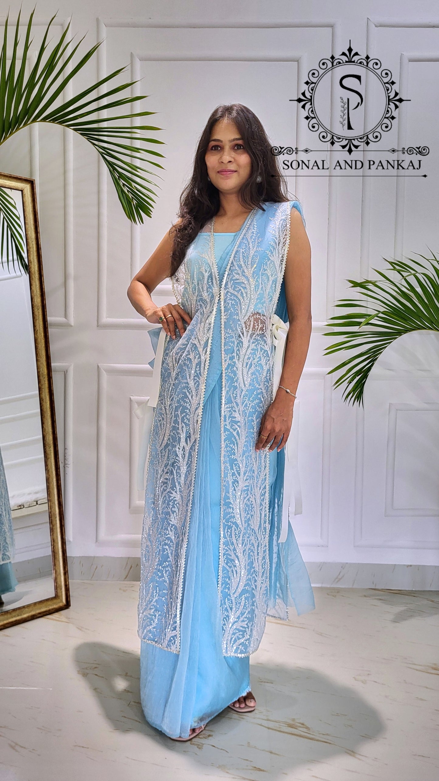 Galaxy - Pre-pleated Jacket Saree - SA01598 (Sky Blue)