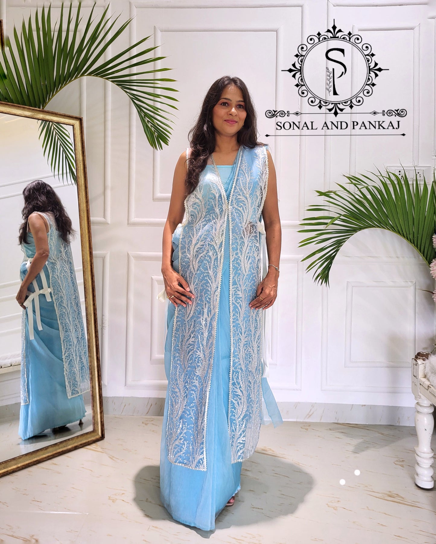 Galaxy - Pre-pleated Jacket Saree - SA01598 (Sky Blue)
