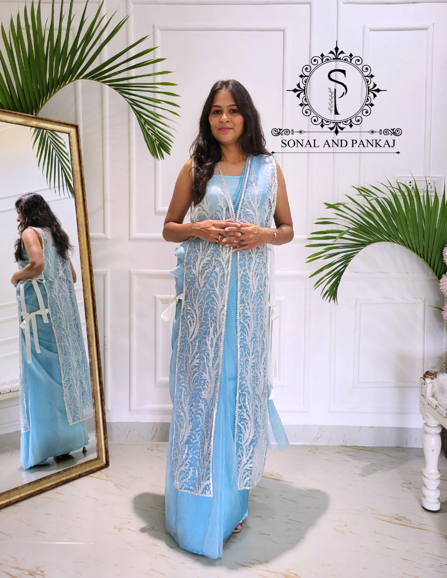 Galaxy - Pre-pleated Jacket Saree - SA01598 (Sky Blue)