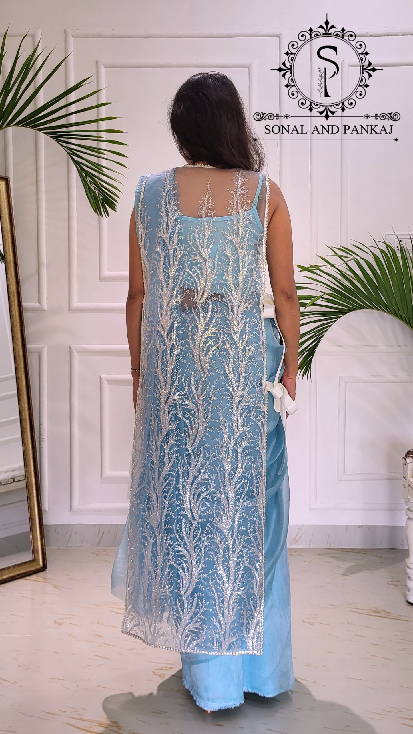 Galaxy - Pre-pleated Jacket Saree - SA01598 (Sky Blue)