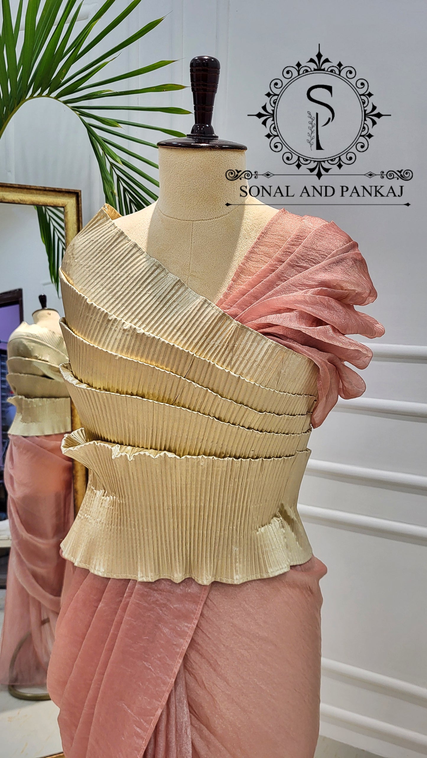 Desi Girl Vibe - Butter Scotch Top & Shimmering Misty Peach Pre-pleated Saree - SA01600