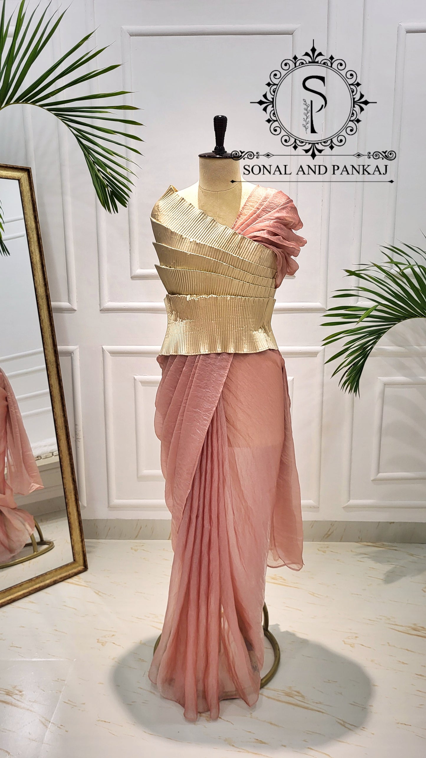 Desi Girl Vibe - Butter Scotch Top & Shimmering Misty Peach Pre-pleated Saree - SA01600