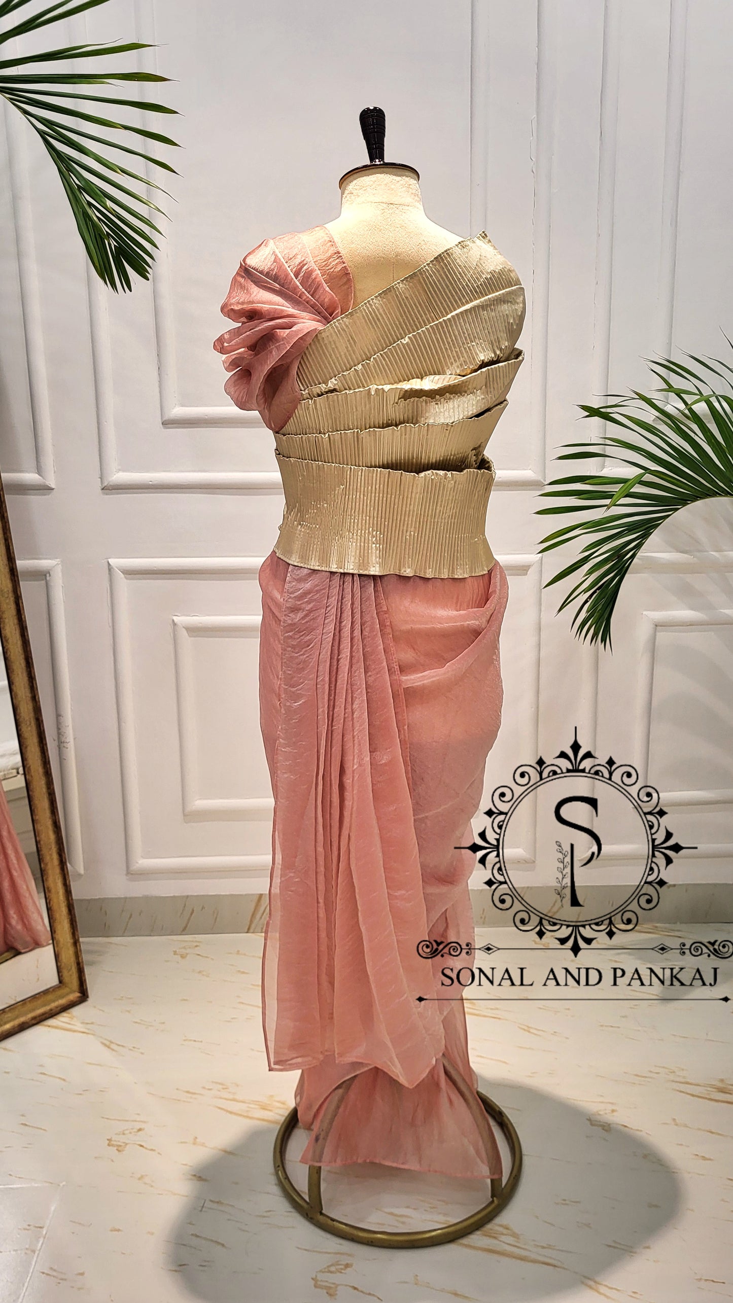 Desi Girl Vibe - Butter Scotch Top & Shimmering Misty Peach Pre-pleated Saree - SA01600