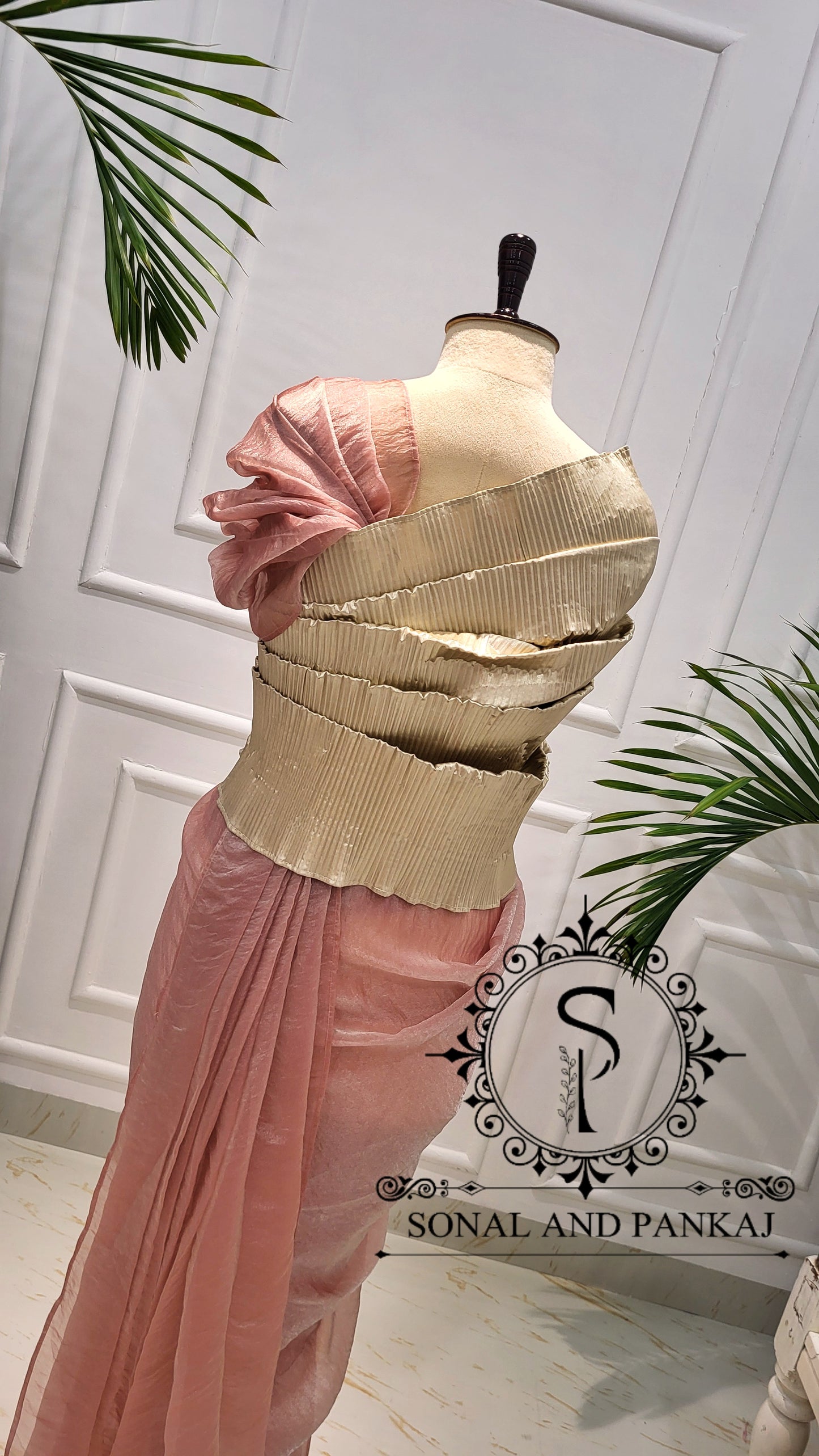 Desi Girl Vibe - Butter Scotch Top & Shimmering Misty Peach Pre-pleated Saree - SA01600