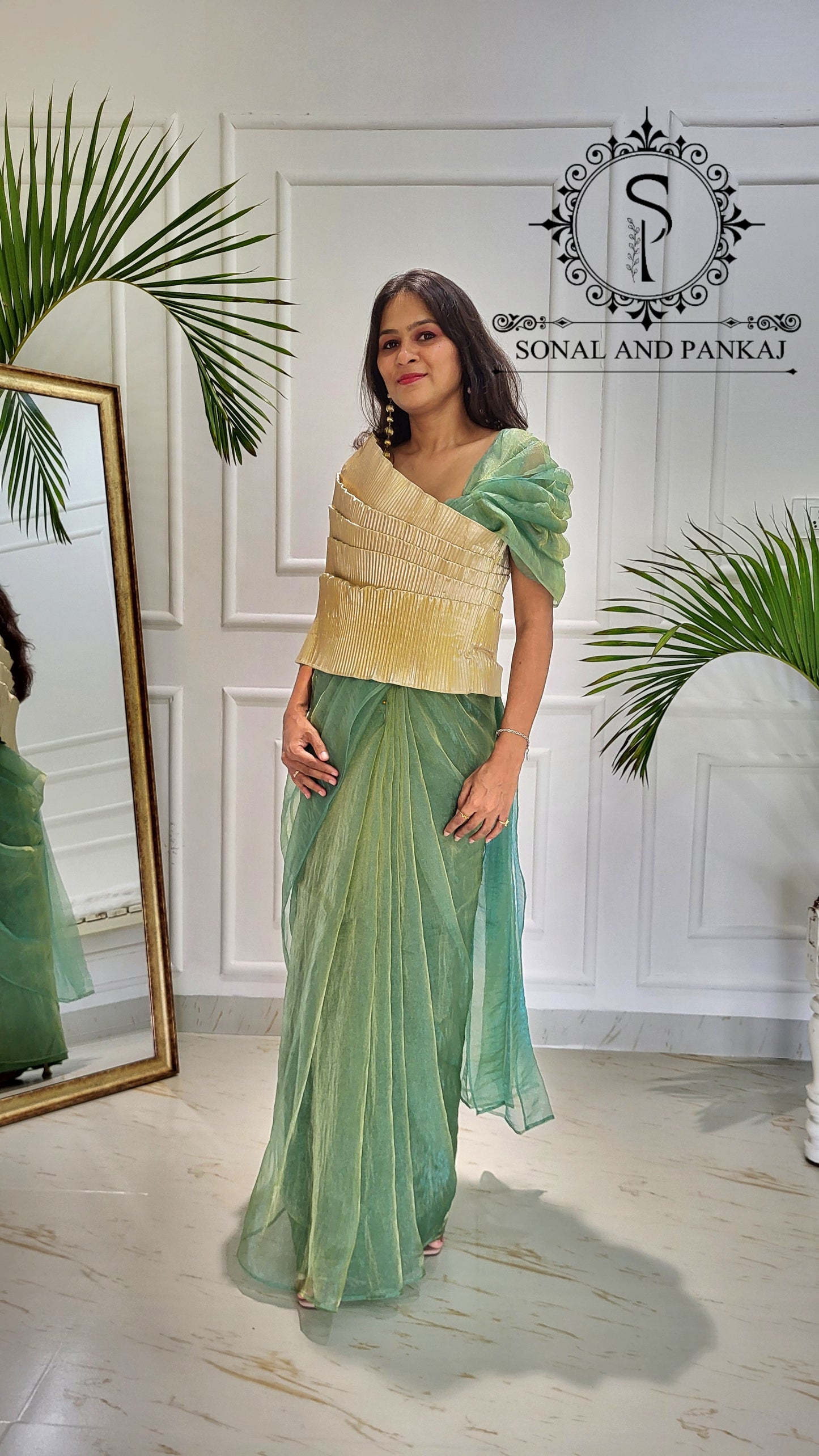Desi Girl Vibe - Butter Scotch Top & Shimmering Mint Pre-pleated Saree - SA01601