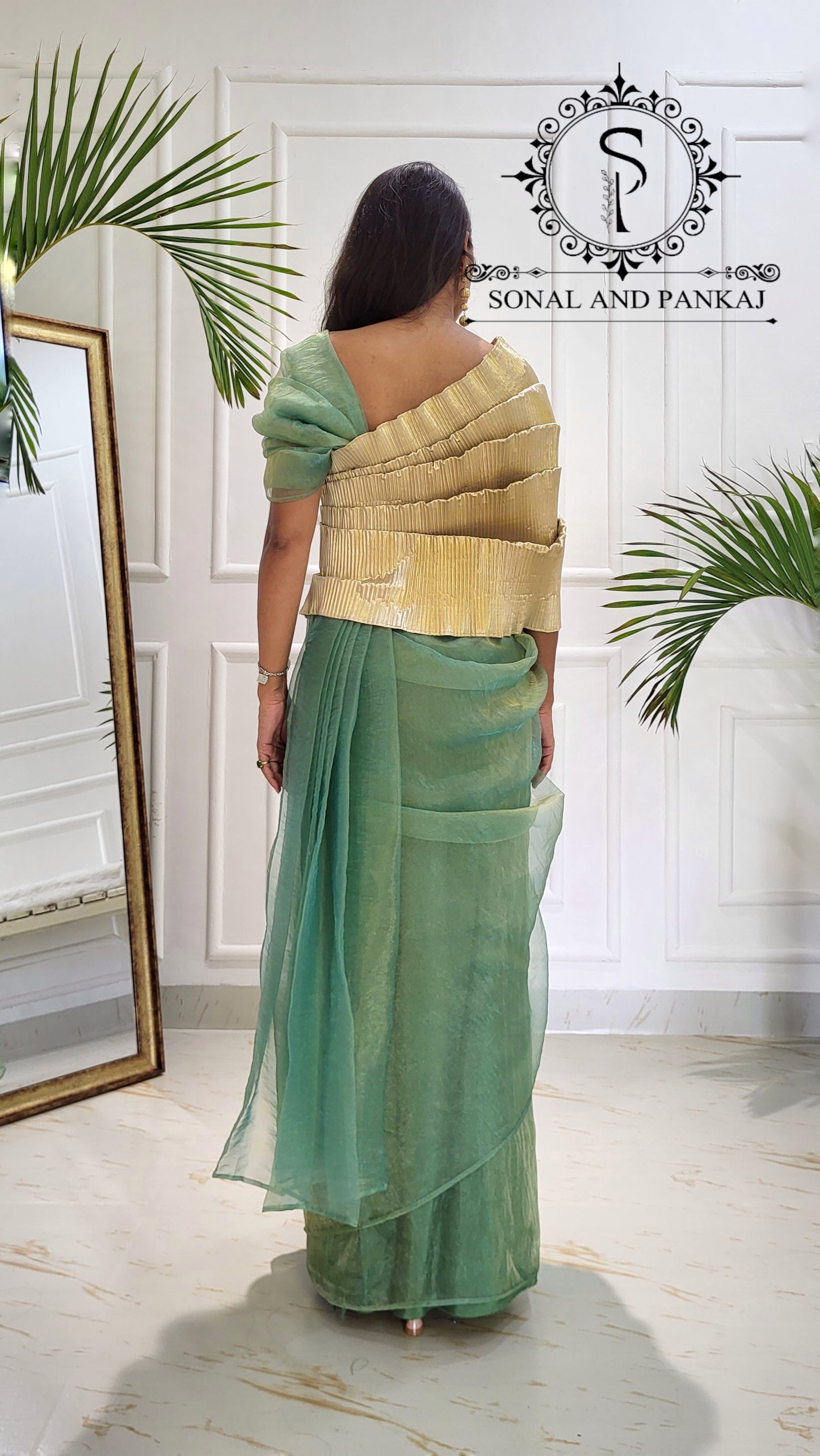 Desi Girl Vibe - Butter Scotch Top & Shimmering Mint Pre-pleated Saree - SA01601